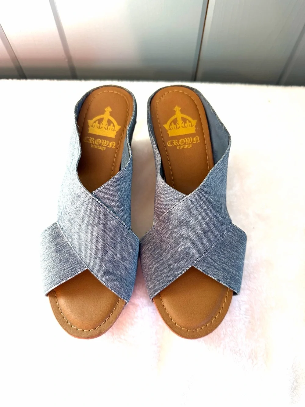 Crown Vintage Blue Denim Cork Platform 3” Wedges